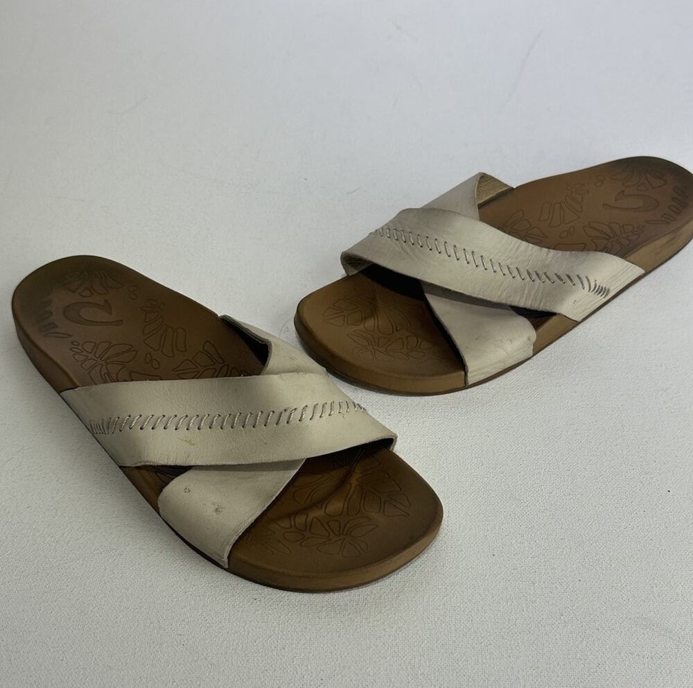 Olukai Kipe'a 'Olu Leather Sandals Womens Size 7 Sahara Brown Cross Straps